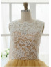 Ivory Lace Yellow Tulle Knee Short Bridesmaid Dress